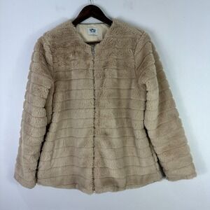 Katydid Faux Fur Jacket Women L Beige Teddy Coat Plush Cozy Soft Girl Chic